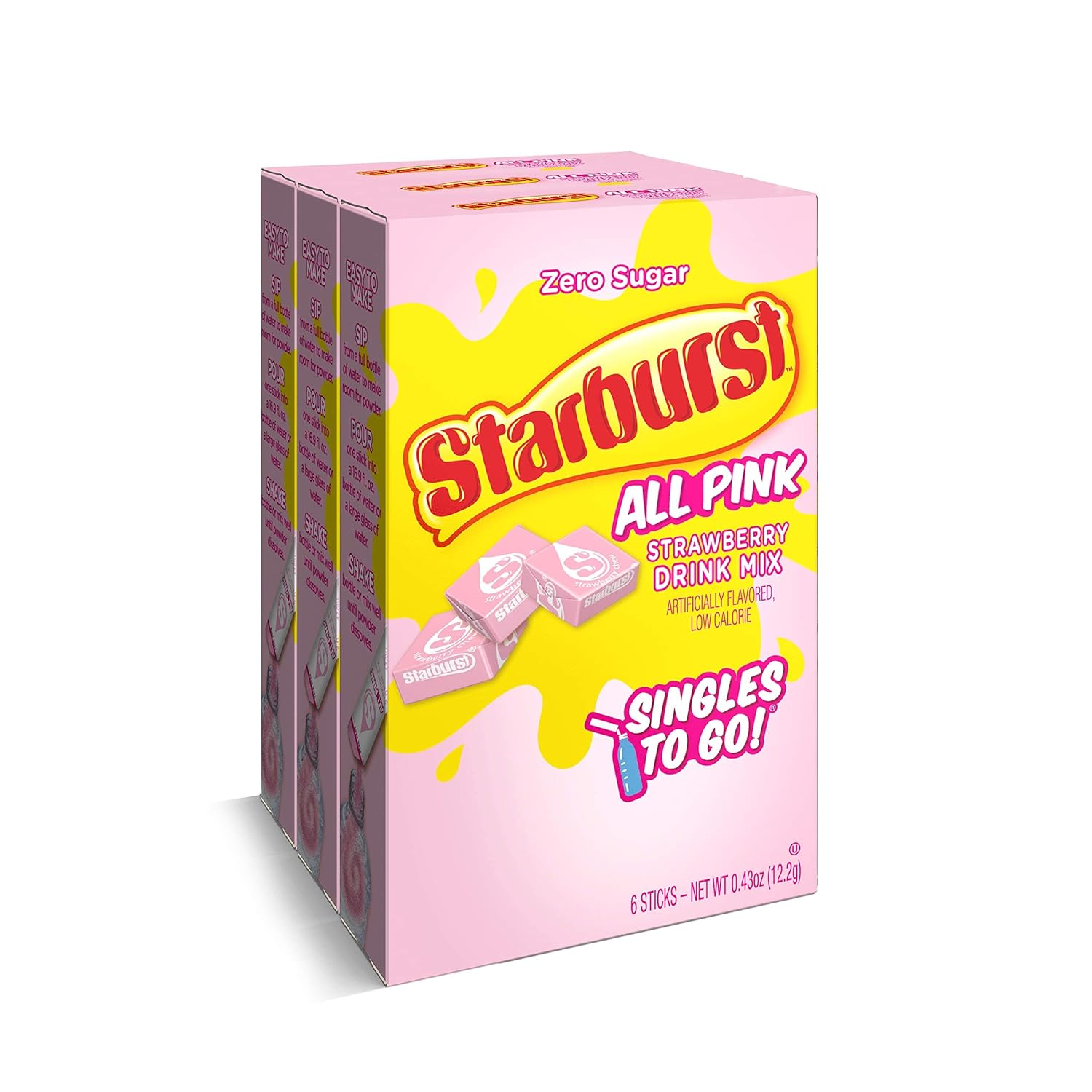 Starburst Singles To Go Powdered Drink Mix， All Pink Strawberry， 3 Boxes with 6 Packets Each - 18 Total Servings， Sugar-Free Drink Powder， Just Add Water， 6 count (Pack of 3) - Image 1